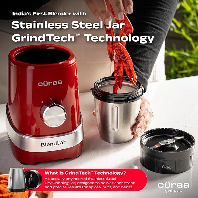 Click to see full view   3 VIDEOS     5+ Cüraa by YFL home BlendLab Mixer Grinder for kitchen – 3 Jars | 100% Copper Motor | Stainless Steel Jar for Spice Grinding & Chutneys | Compact Smoothie Blende