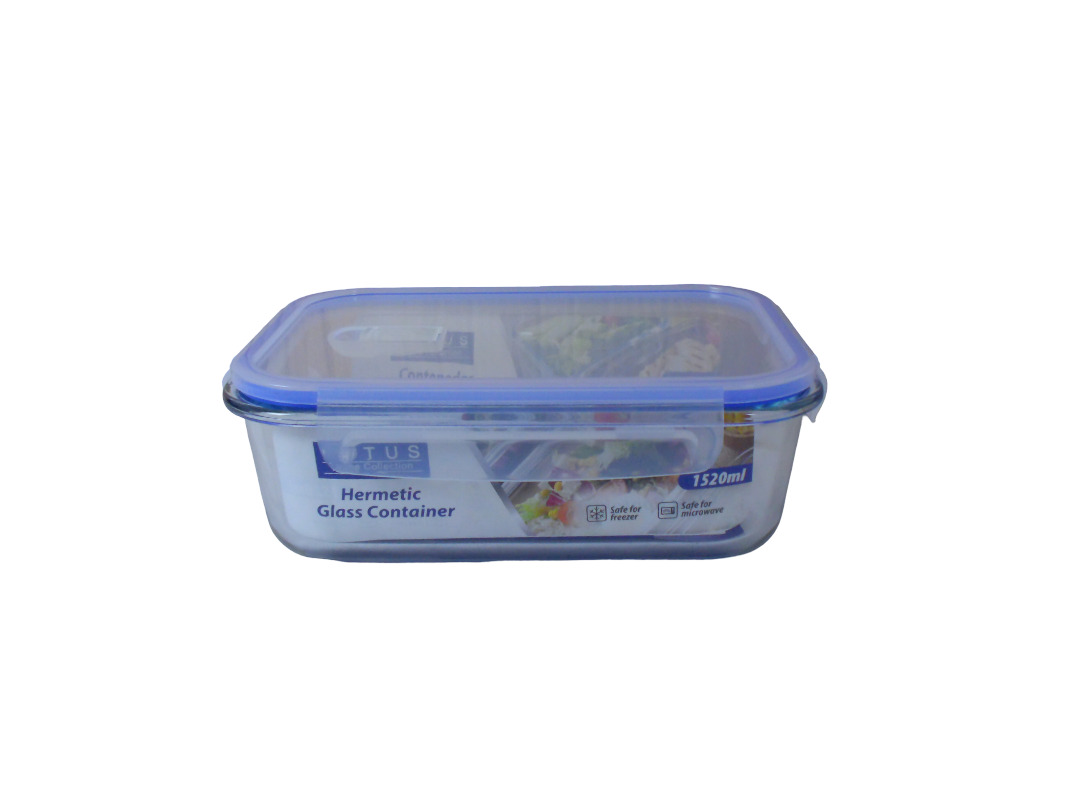 1520ML RECT.HERMETIC GLASS CONTAINER W/LID