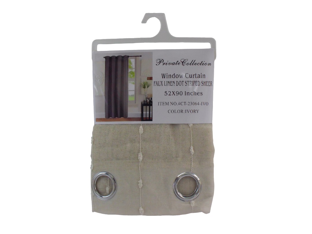 52*90"FAUX LINEN DOT STRIPED SHEER W/CURT-IVO