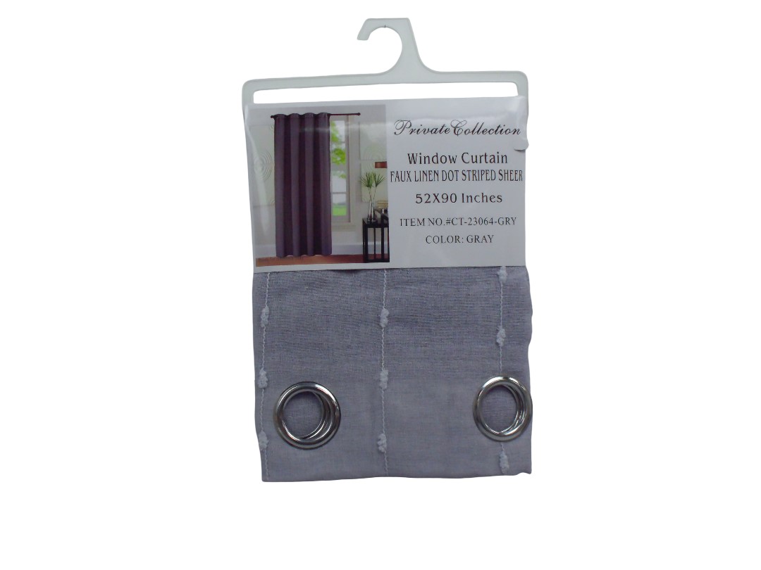 52*90"FAUX LINEN DOT STRIPED SHEER W/CURT-GRY
