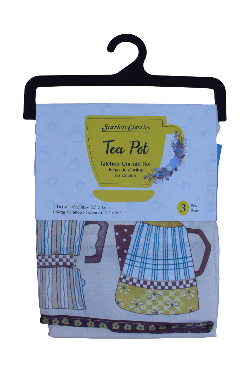 3PCS. FABRIC KITCHEN CURTAIN SET-TEA POT