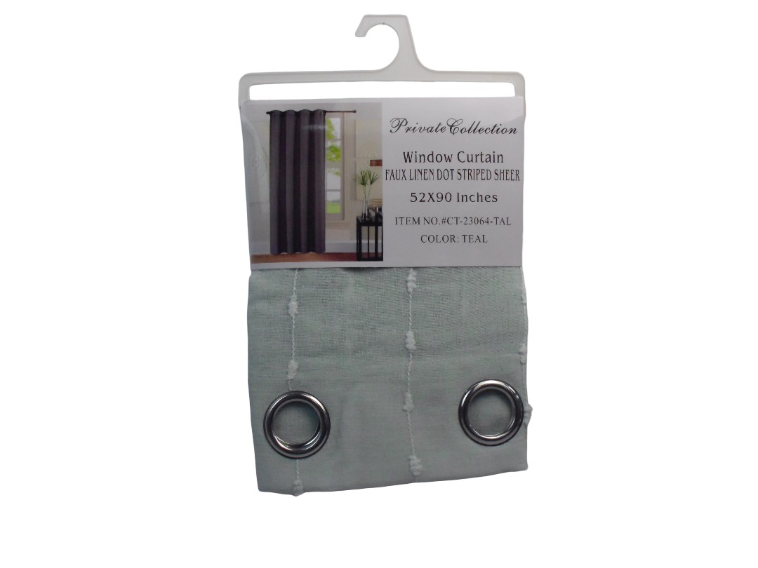 52*90"FAUX LINEN DOT STRIPED SHEER W/CURT-TEA
