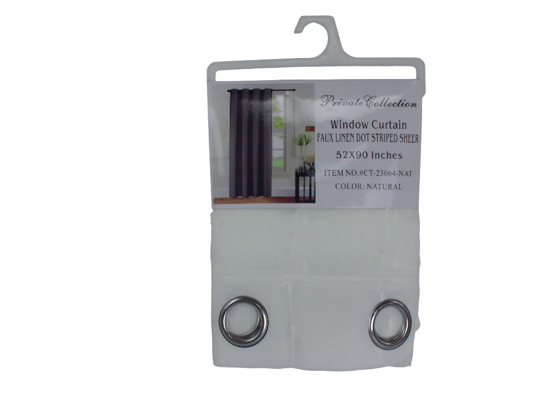 52*90"FAUX LINEN DOT STRIPED SHEER W/CURT-NAT