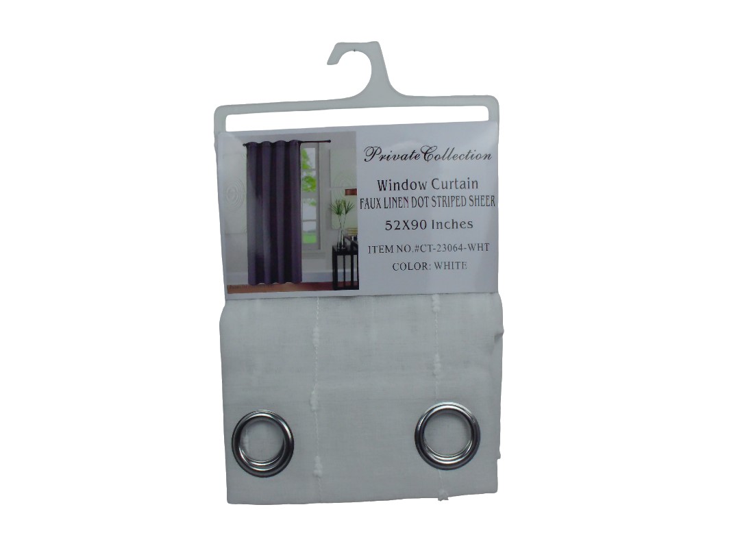 52*90"FAUX LINEN DOT STRIPED SHEER W/CURT-WHT